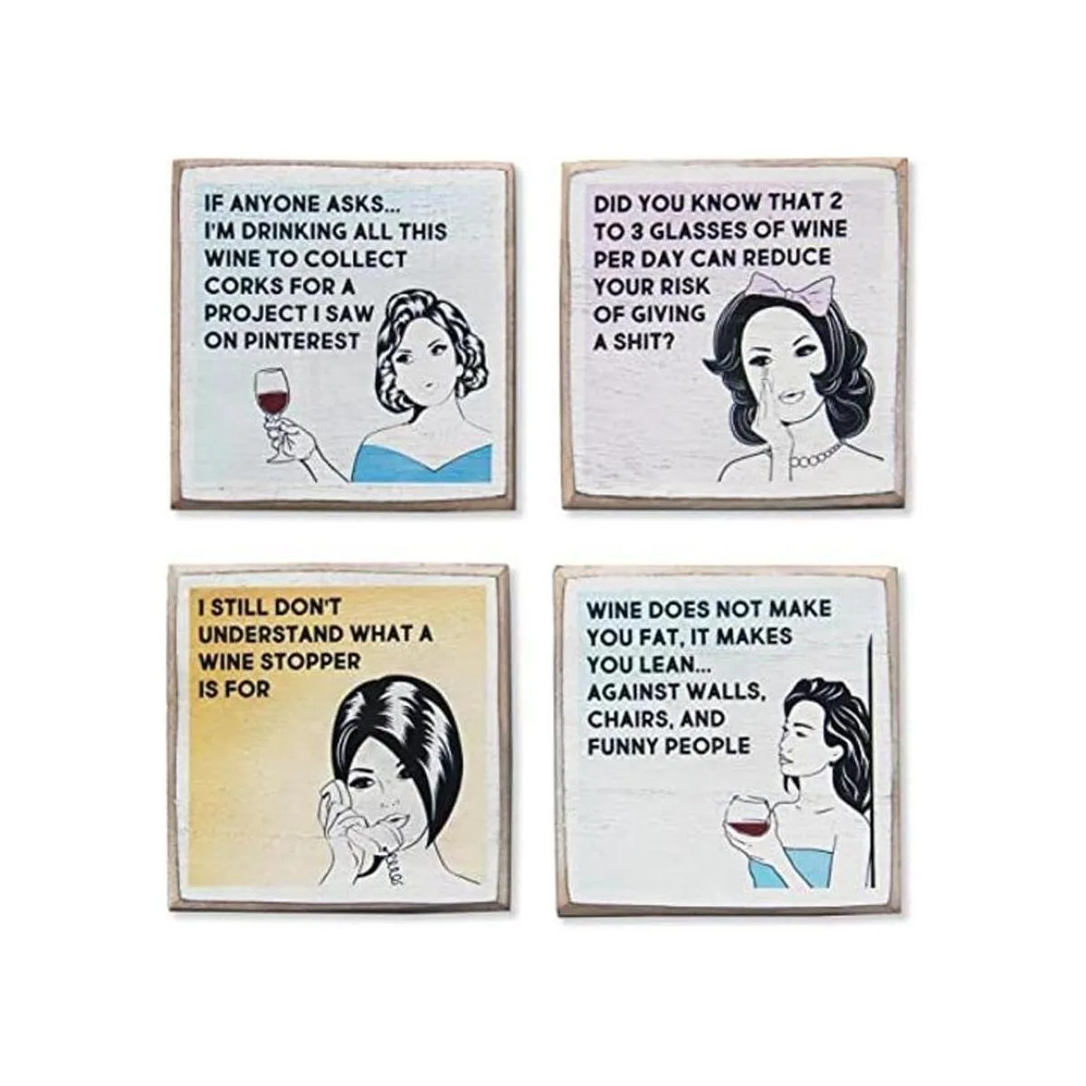 Juego y soporte de 4 posavasos divertidos para vino_1