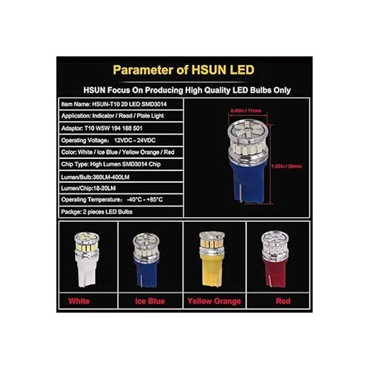 HSUN 194 bombillas LED azul hielo 168 2825 W5W T10 cuña_5