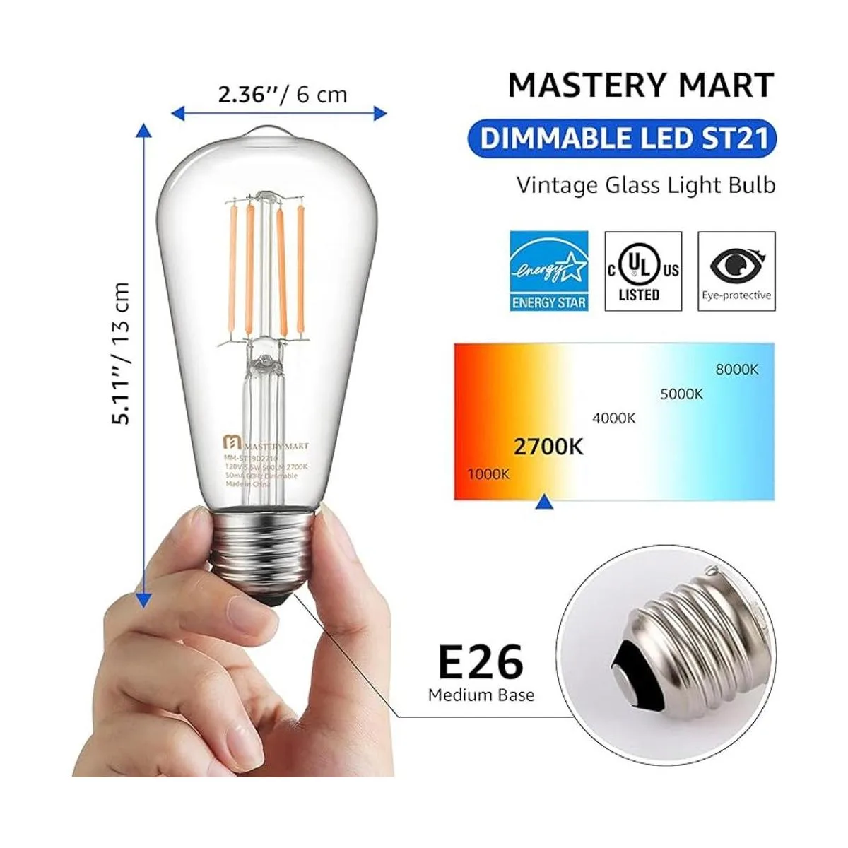 Mastery Mart Bombilla LED E26 vintage regulable blanco_2
