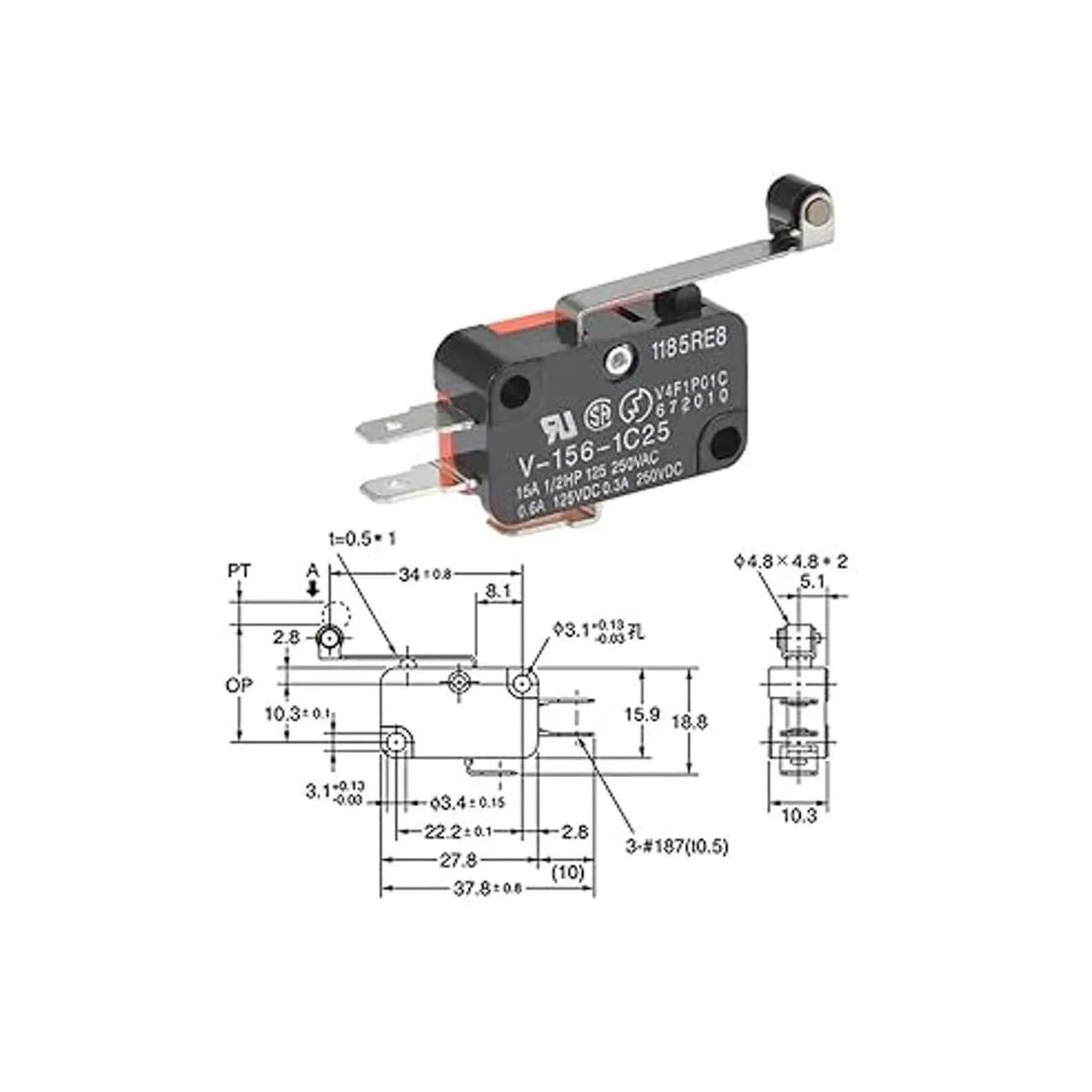 BUYGOO V1561C25 Micro interruptor de límite con rodillo de_4
