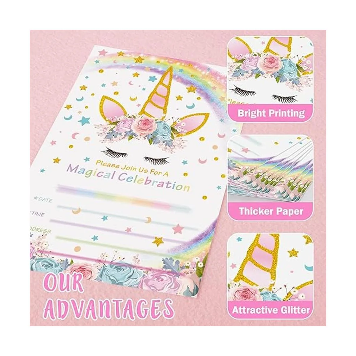 AMZTM Invitaciones de fiesta de unicornio mágico con_4