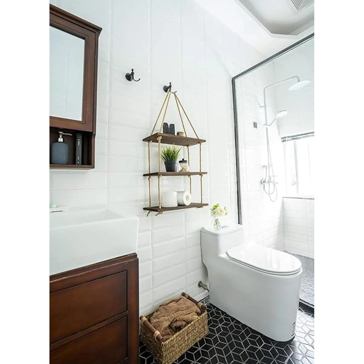 Mkono Estantes colgantes de madera rústica de 3 niveles_3