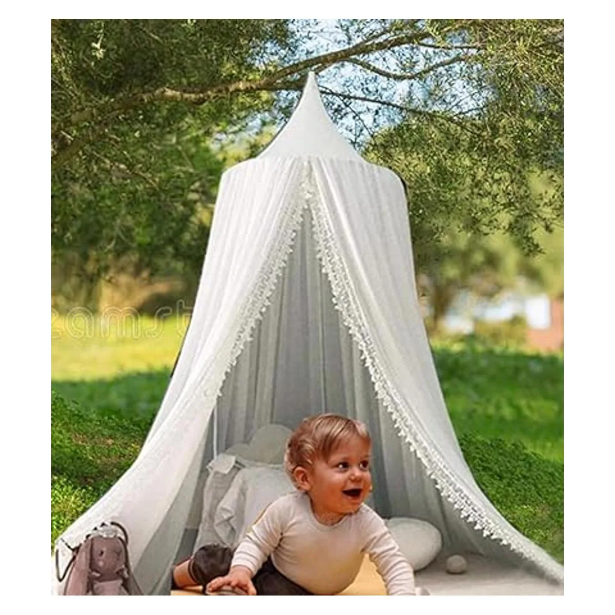 Toldo de cama para niños con malla colgante con pompones_4