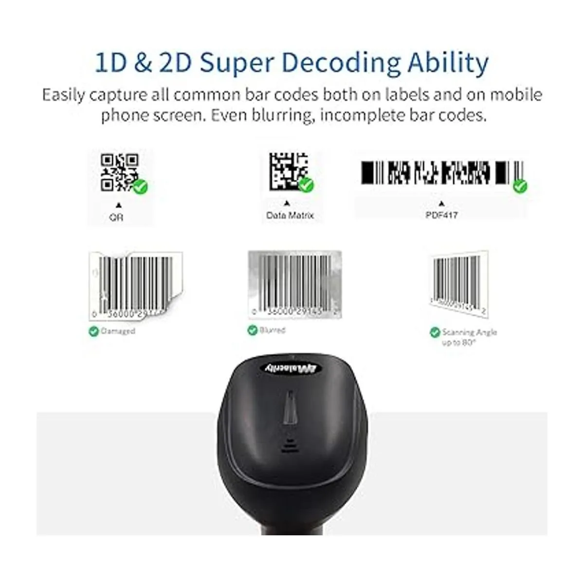 Alacrity 2D QR Wireless Barcode Scanner con soporte_3