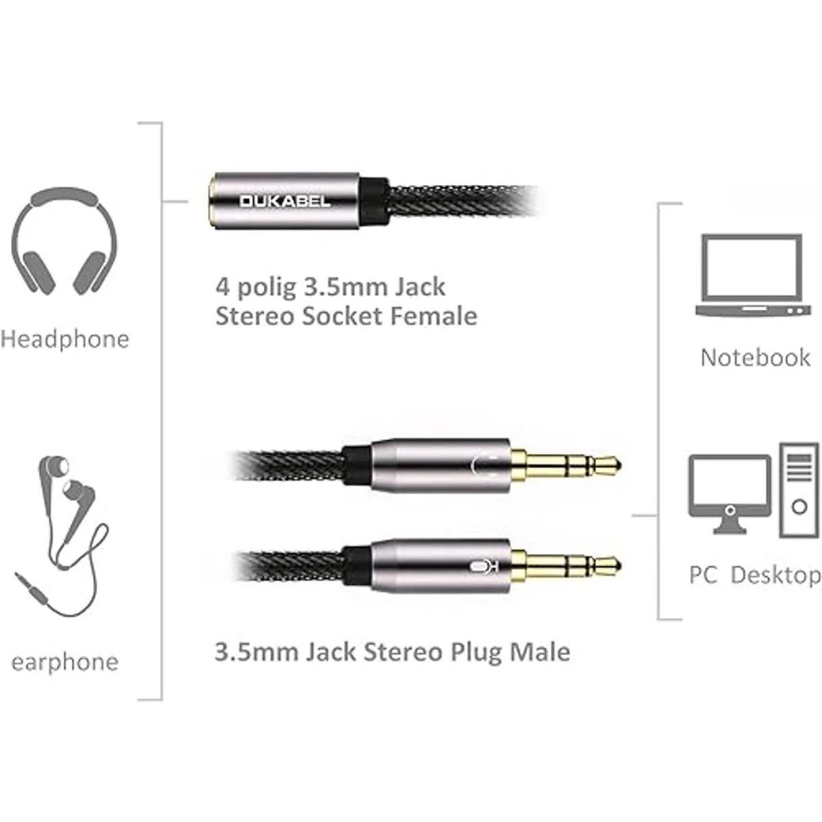 DUKABEL Cable divisor de auriculares chapado en oro y_3