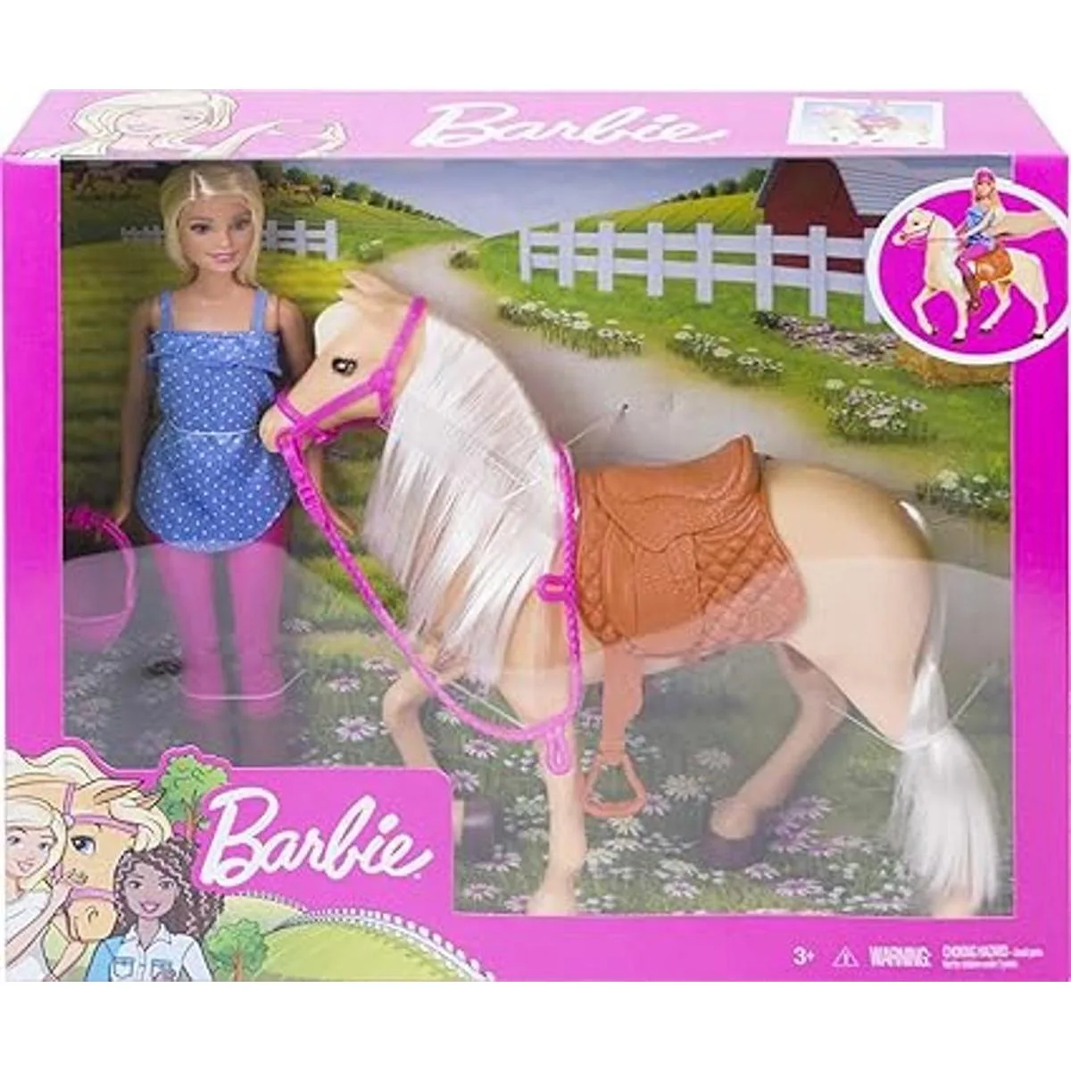 Barbie Muñeca rubia con casco y caballo marrón claro con_6