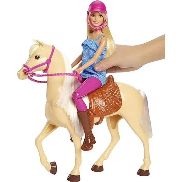 Barbie Muñeca rubia con casco y caballo marrón claro con_4