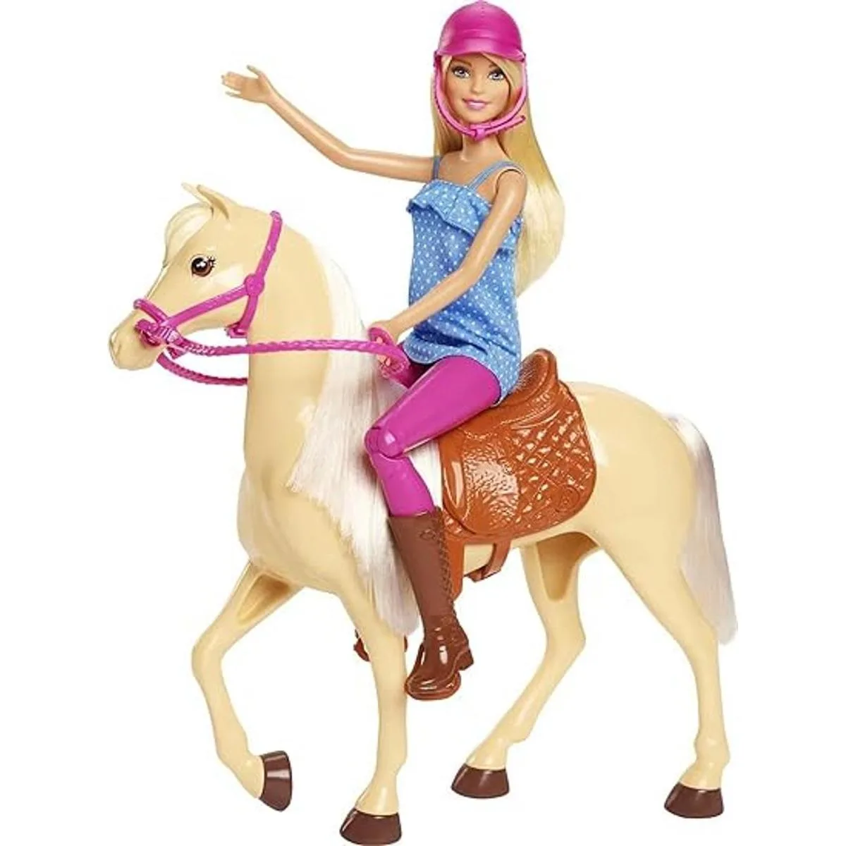 Barbie Muñeca rubia con casco y caballo marrón claro con_5