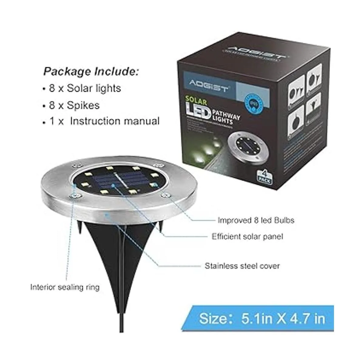 Aogist Paquete de 4 luces solares de tierra 8 luces LED_2