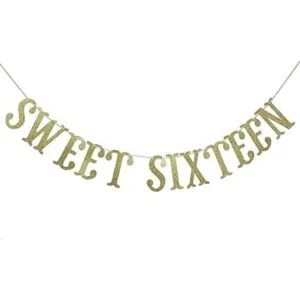 Sweet Sixteen Banner de cumpleaños con purpurina dorada_1