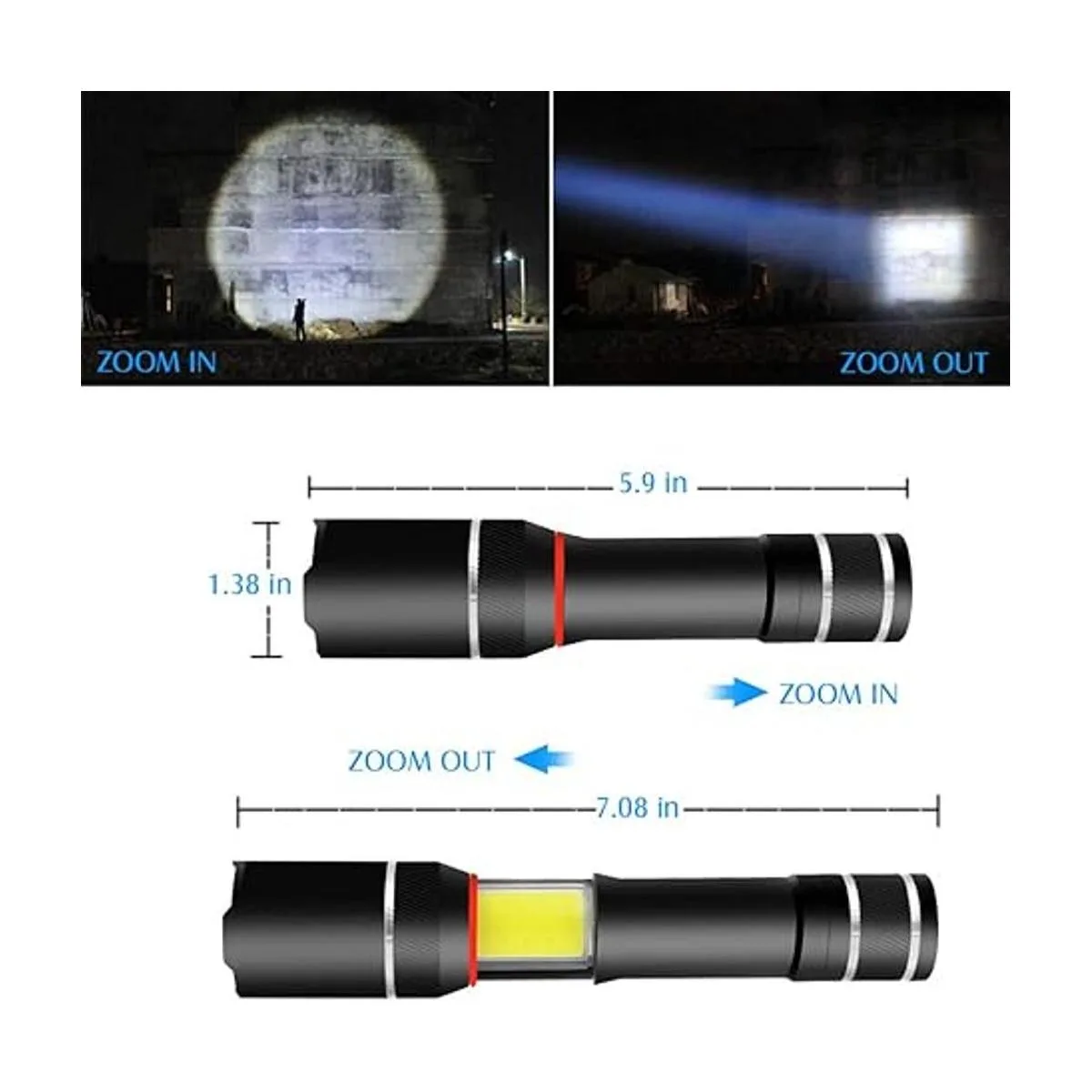 Linterna LED XML T6 5000 Lux COB con zoom y base magnética_2