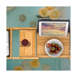 Bandeja organizadora ajustable de bambú para bañera con_5