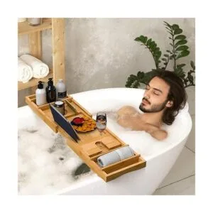 Bandeja organizadora ajustable de bambú para bañera con_4