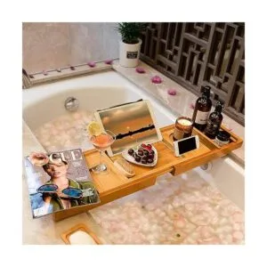Bandeja organizadora ajustable de bambú para bañera con_2