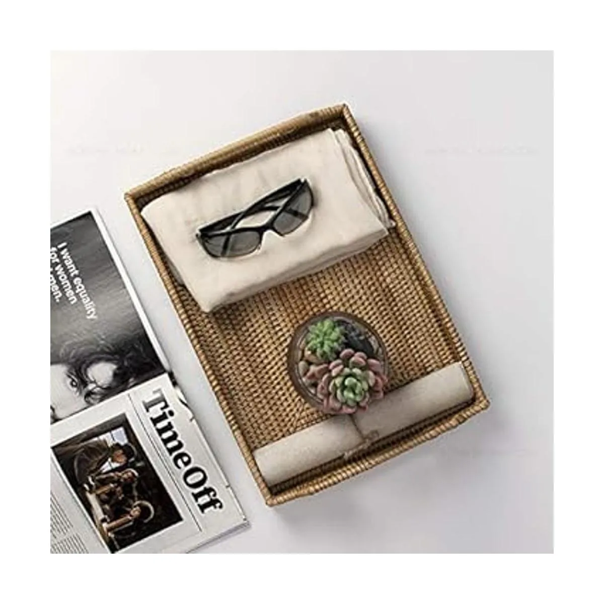 Bandeja rectangular de ratán tejida a mano con asas para_4