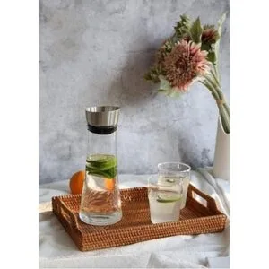 Bandeja rectangular de ratán tejida a mano con asas para_5