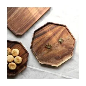 Juego de 2 bandejas cuadradas octágono de madera de acacia_4