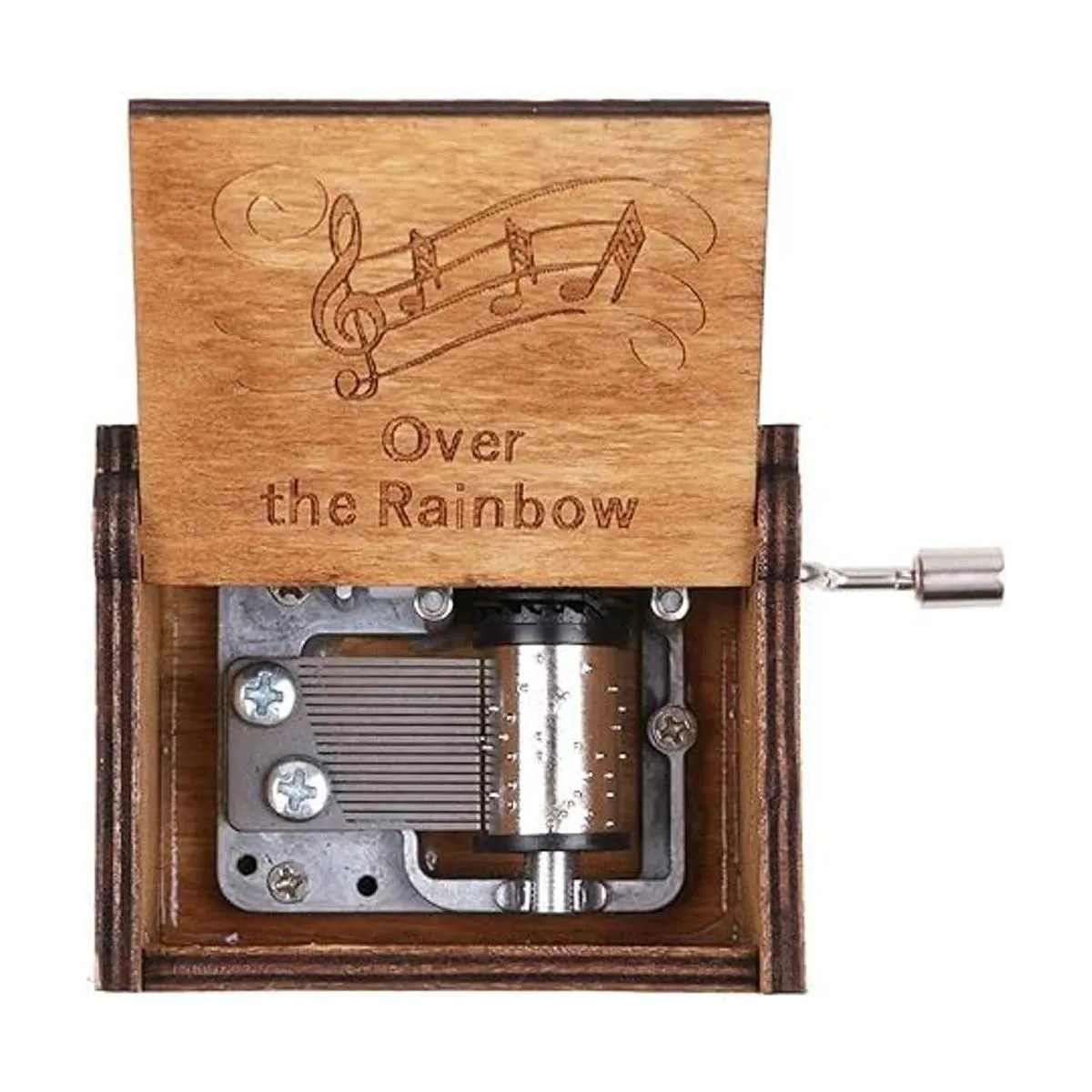 Caja de música de madera con manivela de mano y arco iris_3