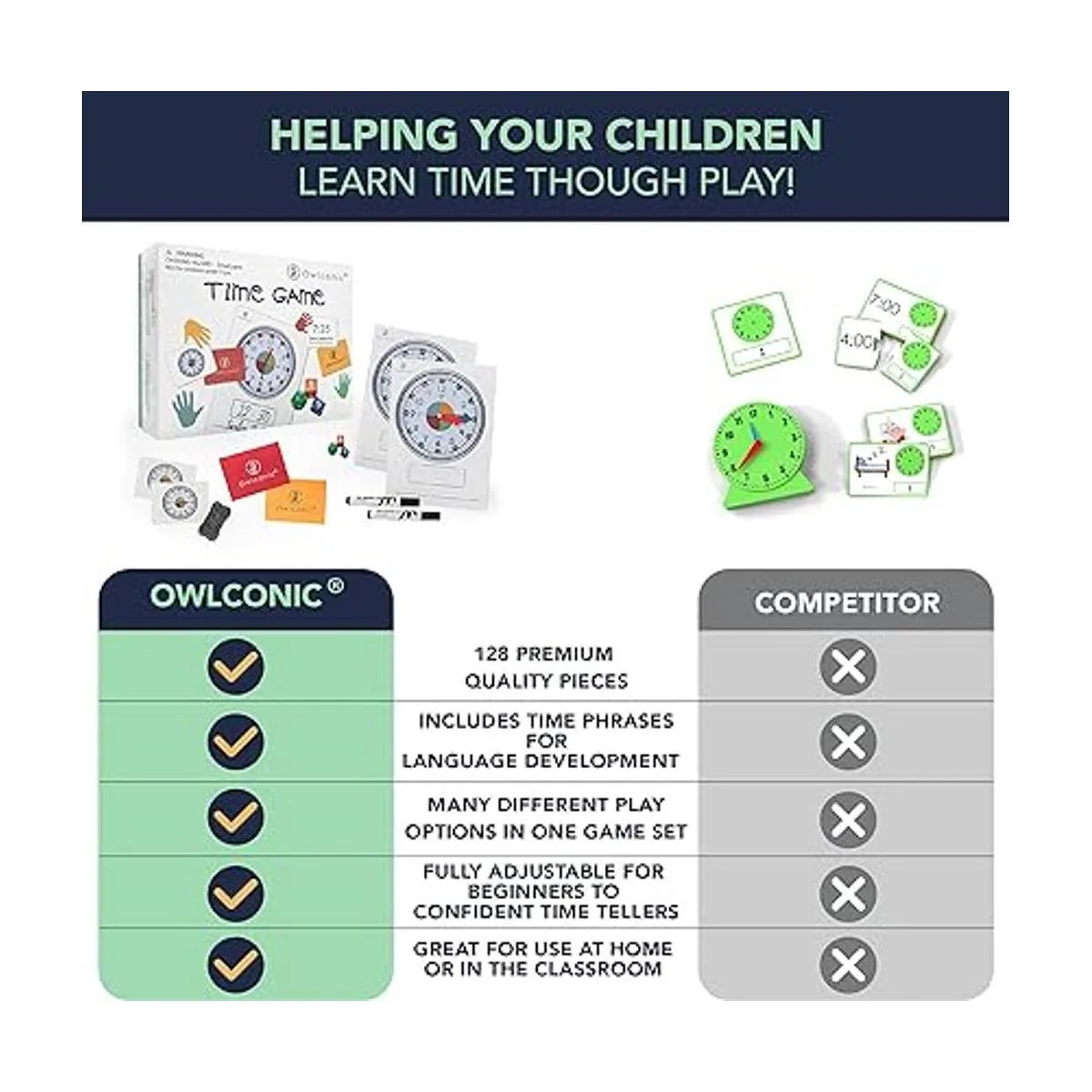OWLCONIC Learning Time Game Un gran 128 piezas de ayuda_3