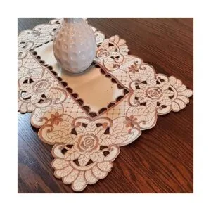 LeLehome Mantel de encaje bordado con flores cafés color_2