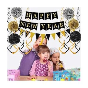 Feliz Año Nuevo con banderines de papel negro dorado con_6