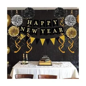 Feliz Año Nuevo con banderines de papel negro dorado con_4