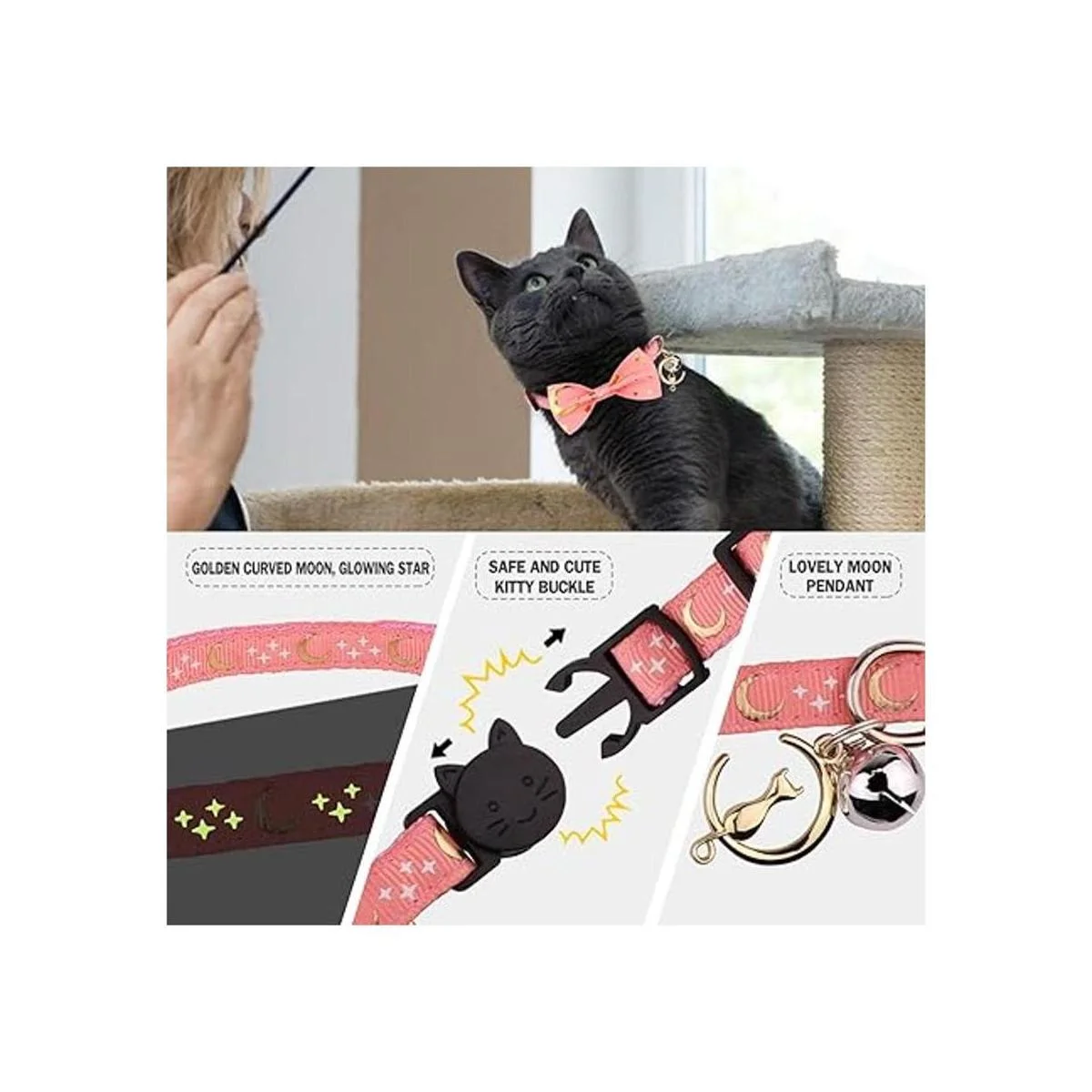 2 collares de gato con pajarita y campana luna dorada_4