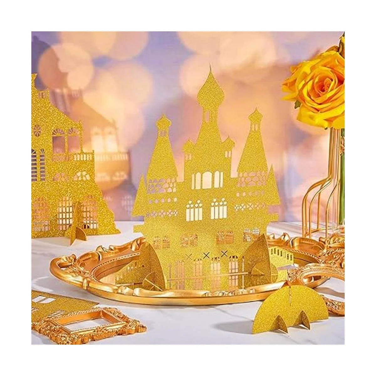 8 piezas de centro de mesa castillo dorado con purpurina_5