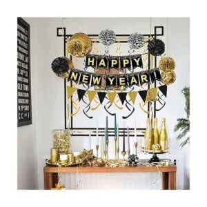 Happy New Year 2022 Bandera negra con banderines de papel_6