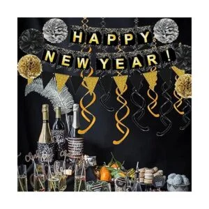 Happy New Year 2022 Bandera negra con banderines de papel_4