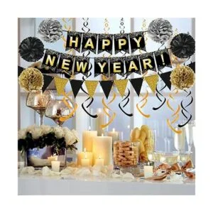 Happy New Year 2022 Bandera negra con banderines de papel_5