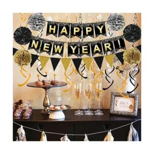 Happy New Year 2022 Bandera negra con banderines de papel_7