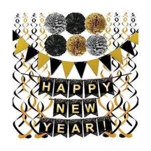 Happy New Year 2022 Bandera negra con banderines de papel_1