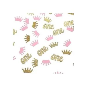 Confeti de corona con purpurina rosa y dorado una mesa de_1