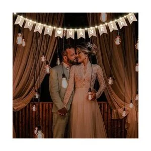 Bandera de arpillera Just Married banderines de boda con_6