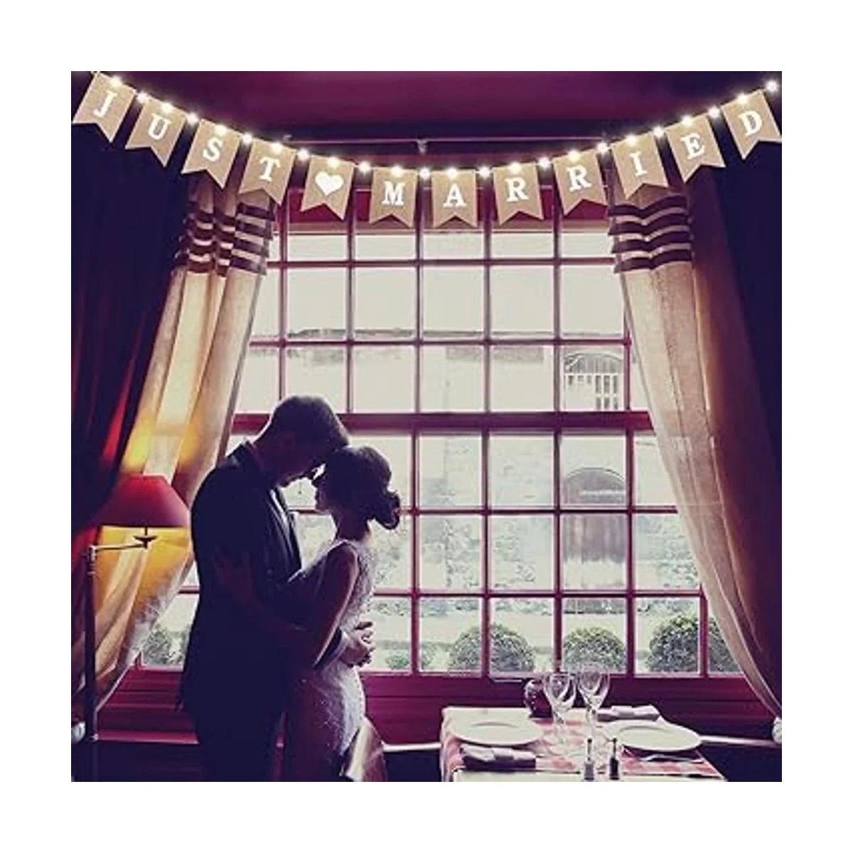 Bandera de arpillera Just Married banderines de boda con_4