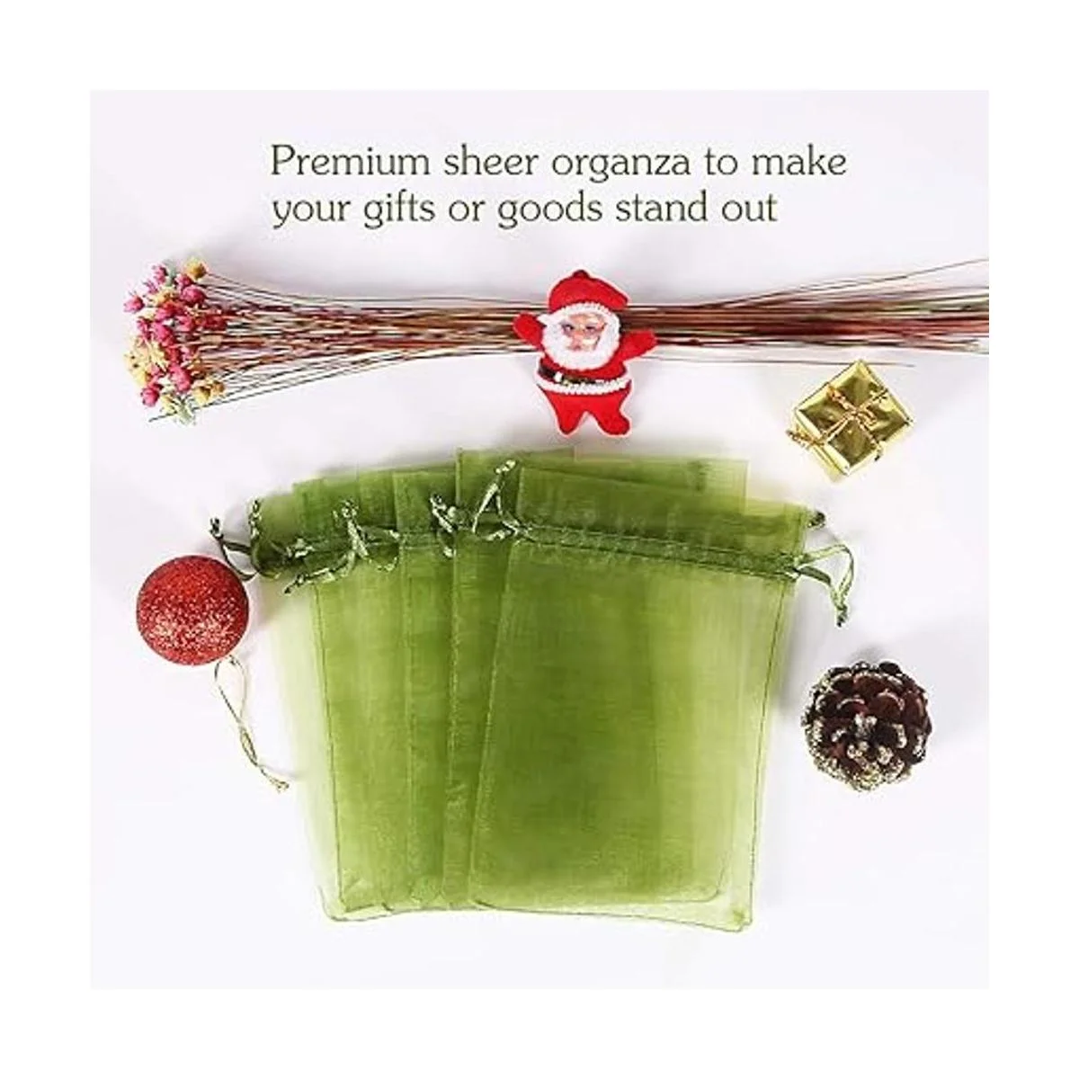 HRX Package 100 bolsas de organza con cordón verde oliva_2