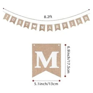 Bandera de arpillera Just Married banderines de boda con_2