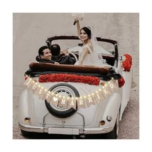 Bandera de arpillera Just Married banderines de boda con_5