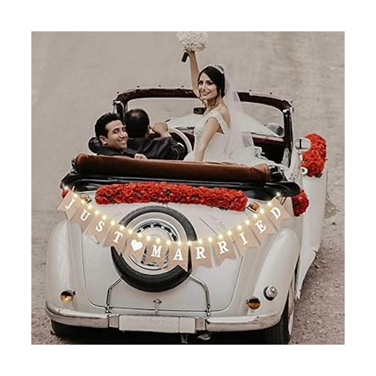 Bandera de arpillera Just Married banderines de boda con_5