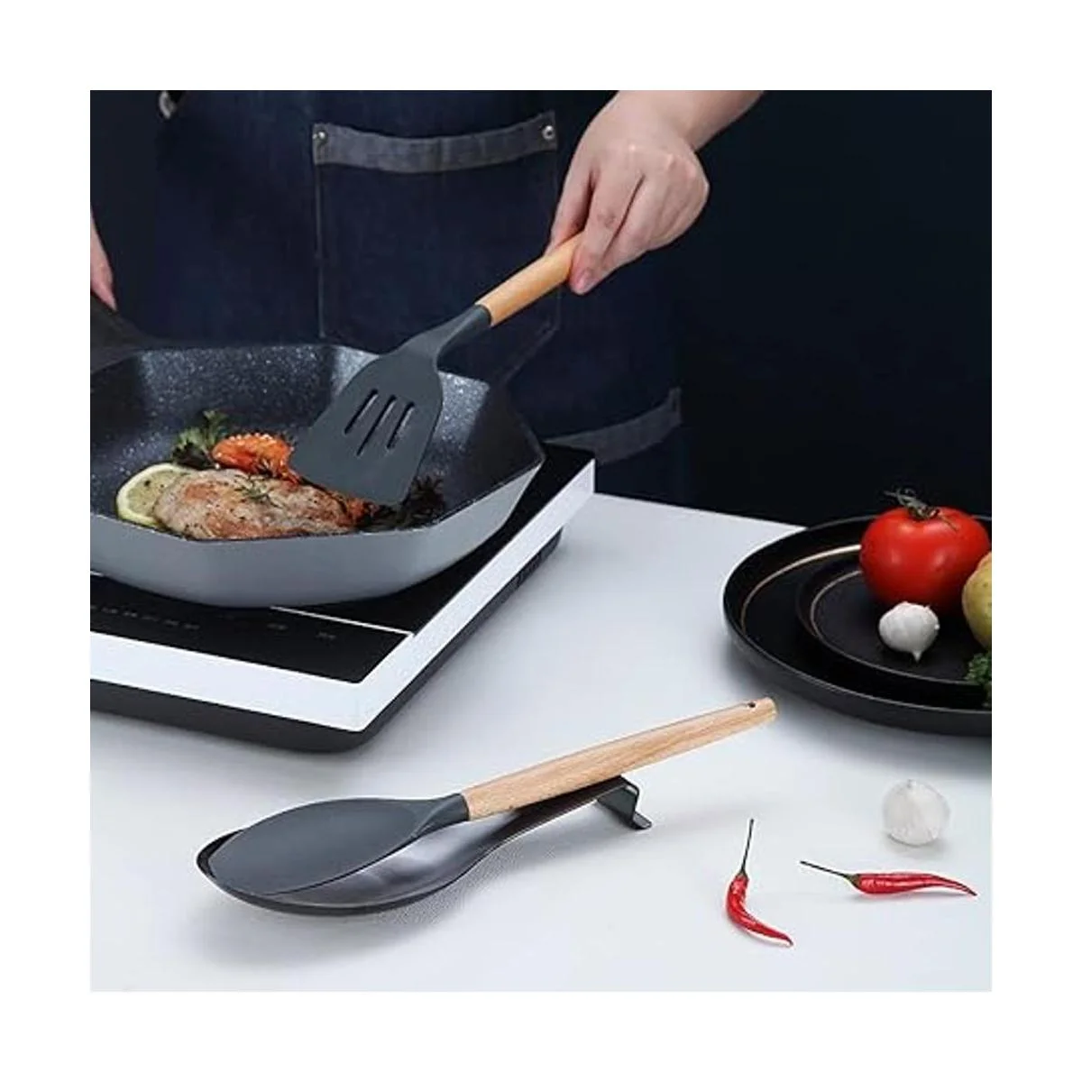 Soporte de cuchara negro mate soporte de cuchara de acero_3