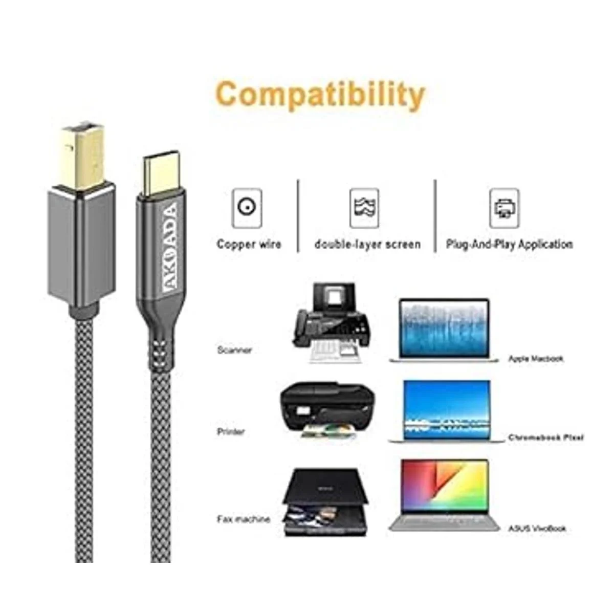 Cable USB C a impresora de 10 pies cable de escáner_6