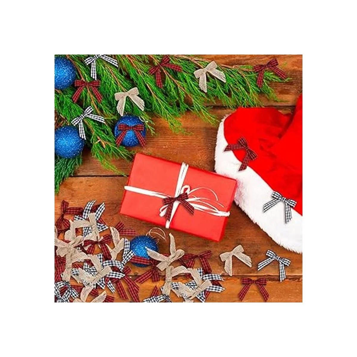 Mini lazo de arpillera de Navidad lazo a cuadros blanco y_7