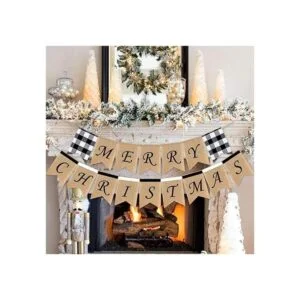 SWYOUN Burlap Merry Christmas Banner Buffalo Check Plaid_2
