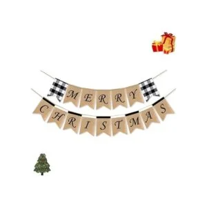 SWYOUN Burlap Merry Christmas Banner Buffalo Check Plaid_5