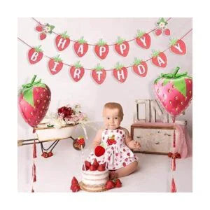 Banner de feliz cumpleaños de fresa con diseño de bayas_2