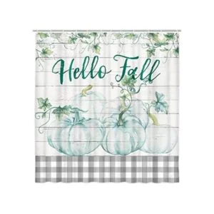 Cortina de ducha de calabaza acuarela otoño azul_1