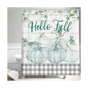 Cortina de ducha de calabaza acuarela otoño azul_2