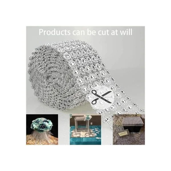 Rollo de malla con forma de flor de diamante de plata_3
