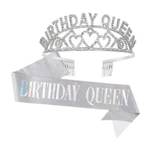 CAVETEE Corona y banda de plata para cumpleaños tiara y_1